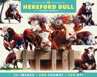 Hereford Bull Clipart, 25 PNG Files, High-Resolution, Bull PNG, Farm Animal Art for Scrapbooking, Invitations, Crafts, Digital Download