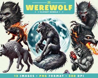 Werewolf Clipart, Digital 13 File, High-Quality, Monster Clipart, Spooky Halloween Art for Scrapbooking, Invitation, Craft, Digital Download