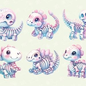 May include: Six cute cartoon dinosaurs with pink and blue skeletons. The dinosaurs are in various poses, including standing, sitting, and walking. They have big eyes and sweet expressions.