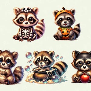 Puede incluir: Seis adorables mapaches de dibujos animados vestidos con disfraces de Halloween. Un mapache lleva un disfraz de esqueleto, otro lleva un disfraz de calabaza, uno lleva un sombrero de bruja, uno sostiene una varita m&aacute;gica, uno sostiene un caldero y uno sostiene una manzana.