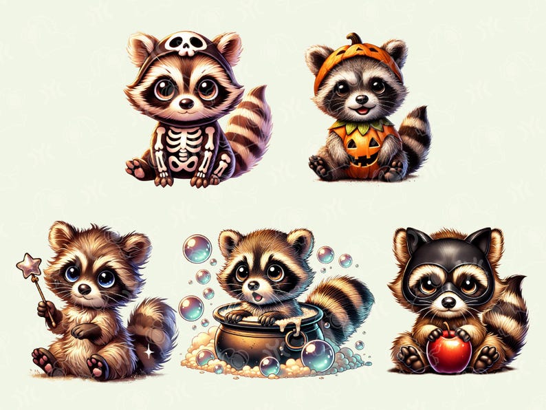 Puede incluir: Seis adorables mapaches de dibujos animados vestidos con disfraces de Halloween. Un mapache lleva un disfraz de esqueleto, otro lleva un disfraz de calabaza, uno lleva un sombrero de bruja, uno sostiene una varita m&aacute;gica, uno sostiene un caldero y uno sostiene una manzana.