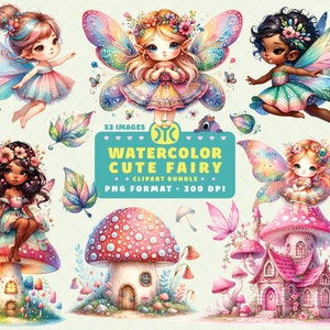 Watercolor Fairy Clipart, Fairies Clipart, Fairy Garden Clipart, Mushroom Clipart, FairyTale Clipart, Fairies PNG, Nursery Decor PNG