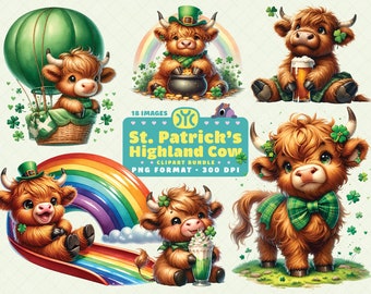 Watercolor St. Patrick’s Day Highland Cow Clipart, Highland Cow PNG, St. Patrick’s Day PNG, Shamrock Clipart, Irish Clipart, Clover Shamrock
