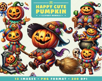 Happy Pumpkin Clipart, 13 PNG Files, High-Resolution, Halloween PNG, Cute Spooky Art for Scrapbooking, Invitations, Crafts, Digital Download