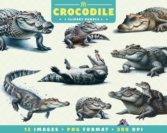 Krokodil Clipart, 12 hochwertige PNGs, Aquarell Clipart Bundle, Reptil PNG, Alligator Kunst, digitaler Download