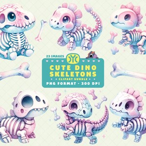 May include: A set of 23 digital clipart images featuring cute cartoon dinosaur skeletons in various poses. The dinosaurs are pink and blue with white bones. The images are in PNG format and 300 DPI.
