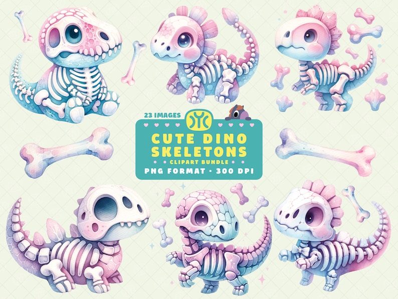 May include: A set of 23 digital clipart images featuring cute cartoon dinosaur skeletons in various poses. The dinosaurs are pink and blue with white bones. The images are in PNG format and 300 DPI.