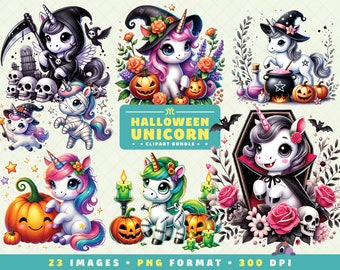 Imágenes prediseñadas de unicornio de Halloween, 23 archivos PNG, Halloween mágico, arte lindo espeluznante para scrapbooking, invitaciones, manualidades, descarga digital