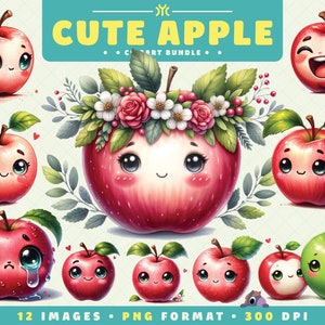Cute Apple Clipart, 12 PNG Files, High-Resolution, Teacher Clipart, Fruit Art for Scrapbooking, Invitations, Crafts, Digital Download