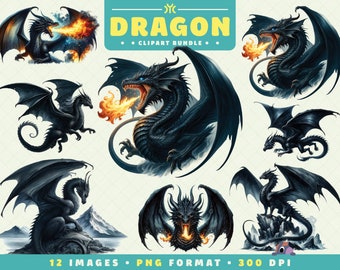 May include: A digital clipart bundle of 12 black dragons in various poses. The dragons are depicted with wings spread, breathing fire, and perched on rocks. The images are in PNG format and 300 DPI.