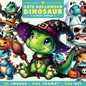 Cute Halloween Dinosaur Clipart, 51 PNG Files, High-Resolution, Spooky Cute Art for Scrapbooking, Invitations, Crafts, Digital Download