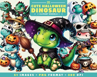 Lindo dinosaurio de Halloween Clipart, 51 archivos PNG, alta resolución, arte lindo y espeluznante para álbumes de recortes, invitaciones, manualidades, descarga digital