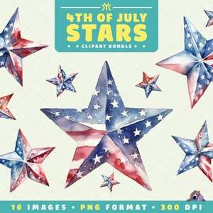 Watercolor 4th of July Star Clipart, 16 PNG Files, High-Resolution, Patriotic Art for Scrapbooking, Invitations, Crafts, Digital Download