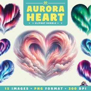 Watercolor Aurora Heart Clipart, Heart PNG, Aurora Heart Clipart Bundle, Northern Lights Art