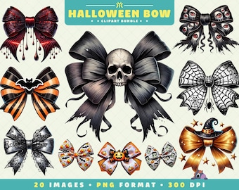 Halloween Schleife Clipart, 20 PNG-Dateien, hochauflösende, kokette Schleife PNG, gruselige Kunst für Scrapbooking, Einladungen, Kunsthandwerk, digitaler Download