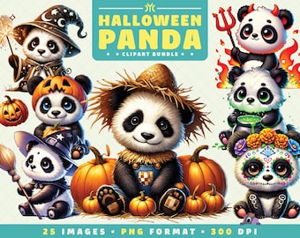 Lindo panda de Halloween, 25 archivos PNG, alta resolución, arte lindo y espeluznante para álbumes de recortes, invitaciones, manualidades, descarga digital