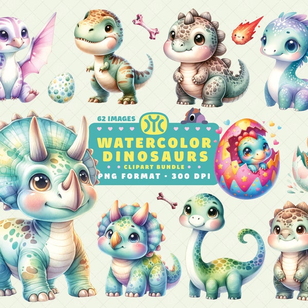 Watercolor Cute Dinosaurs Clipart, Nursery Clipart, Dino Girls Clipart, Baby Shower, Dinosaur PNG, Dinosaur Clipart, Nursery Decor