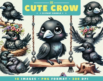 Cute Crow Clipart, 18 PNG Files, High-Resolution, Black birdPNG, Adorable Art for Scrapbooking, Invitations, Crafts, Digital Download