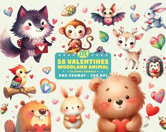 Watercolor Valentines Woodland Animal Clipart, Woodland Animal PNG, Valentines Day, Nursery PNG, Transparent Background, PNG Format, 300 dpi
