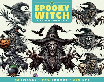 Spooky Witch Clipart, 13 PNG Files, High-Resolution, Spooky Halloween Art for Scrapbooking, Invitations, Crafts, Digital Download
