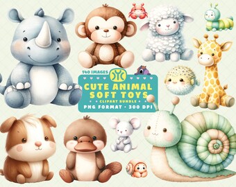 Watercolor Animal Soft Toys Clipart, Nursery Animal Clipart, Cute Stuffed Animals, Animal Plushies, Animal Dolls PNG, Nursery Decor