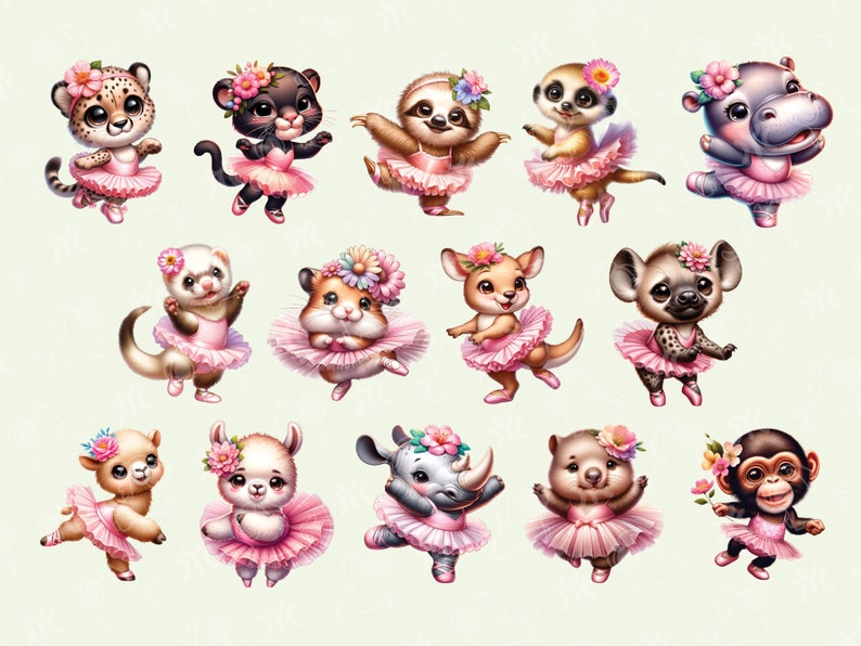 Ballerina Animals Clipart, Watercolor Clipart, Pink Ballet PNG