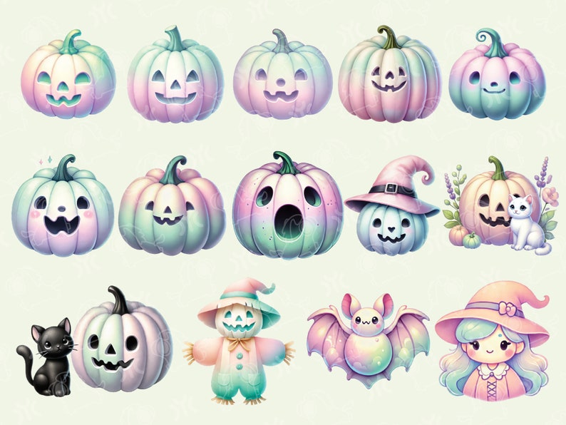Puede incluir: Un conjunto de 13 ilustraciones de tem&aacute;tica de Halloween con calabazas de color pastel, una bruja, un murci&eacute;lago, un espantap&aacute;jaros y un gato. Las calabazas tienen diferentes expresiones faciales y est&aacute;n decoradas con purpurina y estrellas. La bruja lleva un sombrero rosa y un vestido morado. El murci&eacute;lago est&aacute; volando en el aire y tiene alas de arco&iacute;ris. El espantap&aacute;jaros lleva un sombrero de paja y una camisa verde. El gato es blanco y negro y est&aacute; sentado junto a una calabaza.