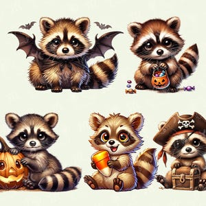 Puede incluir: Cinco adorables mapaches de dibujos animados vestidos con disfraces de Halloween. Un mapache lleva un disfraz de vampiro con alas de murci&eacute;lago, otro est&aacute; vestido de pirata con un parche en el ojo y un cofre del tesoro, otro lleva una bolsa de caramelos, otro lleva un caramelo de ma&iacute;z y el &uacute;ltimo lleva una calabaza de Halloween.