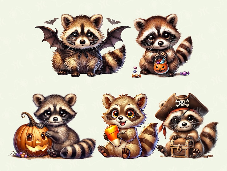 Puede incluir: Cinco adorables mapaches de dibujos animados vestidos con disfraces de Halloween. Un mapache lleva un disfraz de vampiro con alas de murci&eacute;lago, otro est&aacute; vestido de pirata con un parche en el ojo y un cofre del tesoro, otro lleva una bolsa de caramelos, otro lleva un caramelo de ma&iacute;z y el &uacute;ltimo lleva una calabaza de Halloween.