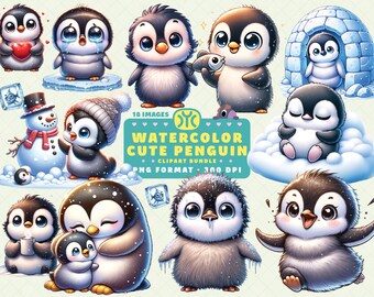 Acuarela lindo pingüino clipart, lindo pingüino PNG, paquete de imágenes prediseñadas de pingüino, animal bebé, imágenes prediseñadas de pingüino bebé, decoración de la guardería
