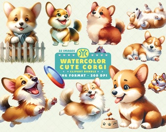 May include: A set of 22 watercolor illustrations of cute corgis in various poses. The corgis are depicted in a cartoon style with bright colors and playful expressions. The illustrations are perfect for use in digital scrapbooking, card making, and other creative projects.