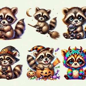 Puede incluir: Seis adorables mapaches de dibujos animados vestidos con disfraces de Halloween. Los mapaches llevan un sombrero de bruja, un disfraz de monstruo, un disfraz de calabaza y un sombrero de bruja con un gato. Los mapaches sostienen una escoba, una bolsa de dulces, una calabaza y un gato.