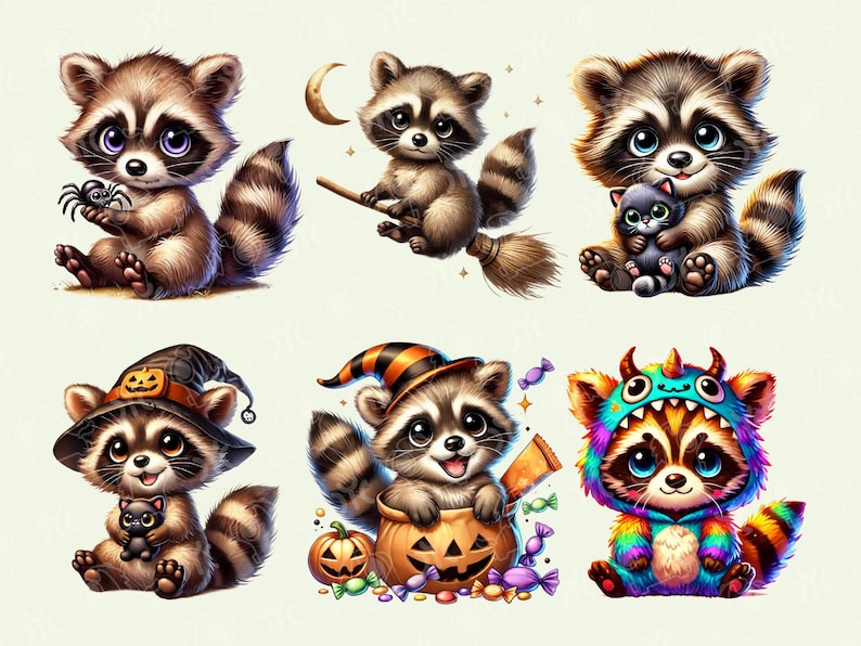 Puede incluir: Seis adorables mapaches de dibujos animados vestidos con disfraces de Halloween. Los mapaches llevan un sombrero de bruja, un disfraz de monstruo, un disfraz de calabaza y un sombrero de bruja con un gato. Los mapaches sostienen una escoba, una bolsa de dulces, una calabaza y un gato.