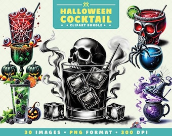 Halloween Cocktail Clipart, 30 PNG Files, High-Resolution, Spooky Drink PNG, Scrapbooking, Invitations, Crafts, Digital Download