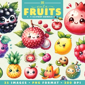 Cute Fruits Clipart, 35 High Quality PNGs, Watercolor Clipart Bundle, Fruits PNG, Kawaii Fruits, Nursery Decor, Digital Download