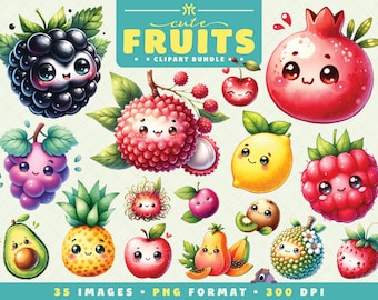 Cute Fruits Clipart, 35 High Quality PNGs, Watercolor Clipart Bundle, Fruits PNG, Kawaii Fruits, Nursery Decor, Digital Download