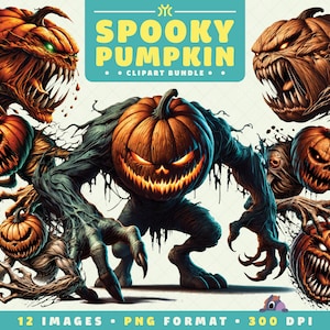 Spooky Pumpkin Clipart, 12 PNG Files, High-Resolution, Monster Clipart, Halloween Art for Scrapbooking, Invitations, Craft, Digital Download