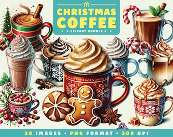 Christmas Coffee Clipart, 30 PNG Files, High-Resolution, Winter Drink, Holiday Art for Scrapbooking, Invitations, Crafts, Digital Download