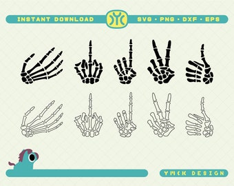 May include: Digital download graphic featuring black and white skeleton hand gestures. The image includes hands making the middle finger, peace sign, and thumbs up. Text at the top reads "INSTANT DOWNLOAD" and "SVG • PNG • DXF • EPS".