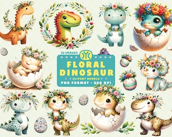 Watercolor Floral Dinosaurs Clipart, Flower Clipart, Dino Girls Clipart, Baby Shower, Dinosaur PNG, Dinosaur Clipart, Nursery Decor