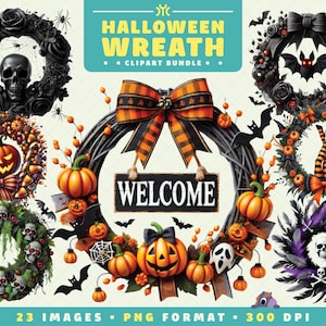 Halloween Wreath Clipart, 23 PNG Files, High-Resolution, Spooky Festive Art for Scrapbooking, Invitations, Crafts, Digital Download