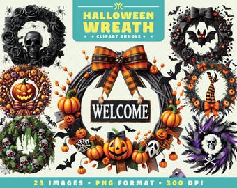 Halloween Wreath Clipart, 23 PNG Files, High-Resolution, Spooky Festive Art for Scrapbooking, Invitations, Crafts, Digital Download