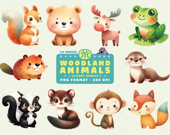 Watercolor Woodland Animals Clipart, Forest Animals PNG, Watercolor Animals Clipart, Nursery Clipart, Transparent Background, PNG Format