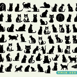 May include: A collection of 60 black cat silhouettes in various poses, including sitting, standing, lying down, and playing. The silhouettes are all in a simple, minimalist style and are perfect for use in crafts, scrapbooking, or digital design.