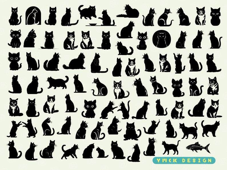 May include: A collection of 60 black cat silhouettes in various poses, including sitting, standing, lying down, and playing. The silhouettes are all in a simple, minimalist style and are perfect for use in crafts, scrapbooking, or digital design.