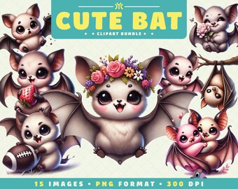 Cute Bat Clipart, 15 PNG Files, High-Resolution, Adorable Halloween Art for Scrapbooking, Invitations, Crafts, Digital Download