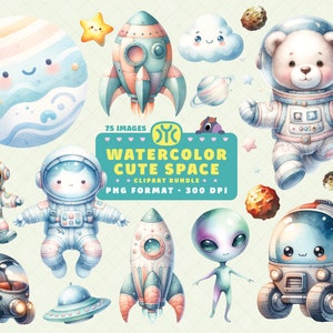 Watercolor Cute Space Clipart, Astronaut Clipart, Rocket PNG, Space Clipart, Outer Space Clipart, Planet PNG, Nursery Clipart, Nursery Decor