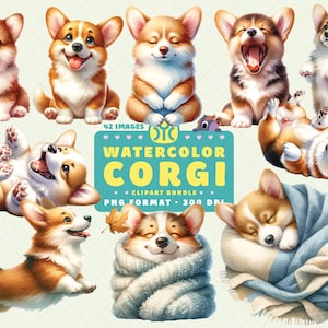 Acuarela Corgi Clipart, lindo Corgi PNG, imágenes prediseñadas de amante del perro, imágenes prediseñadas de corgi, cachorro PNG, bebé Corgi PNG, gráficos de baby shower, decoración de la guardería