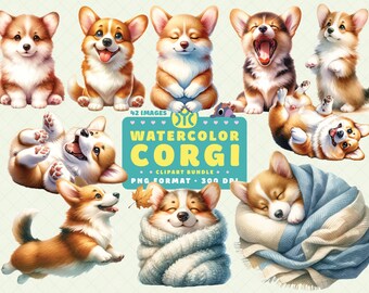 May include: A set of 42 watercolor illustrations of a corgi dog in various poses. The corgi is depicted in different activities, such as sleeping, playing, and sitting. The illustrations are in a cartoon style and are perfect for use in digital scrapbooking, card making, and other craft projects.