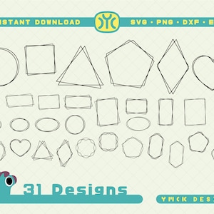 May include: A collection of 31 black line art designs in various geometric shapes, including circles, squares, triangles, and hearts. The image includes the text "INSTANT DOWNLOAD" and "SVG • PNG • DXF • EPS". A teal cartoon horse is at the bottom.